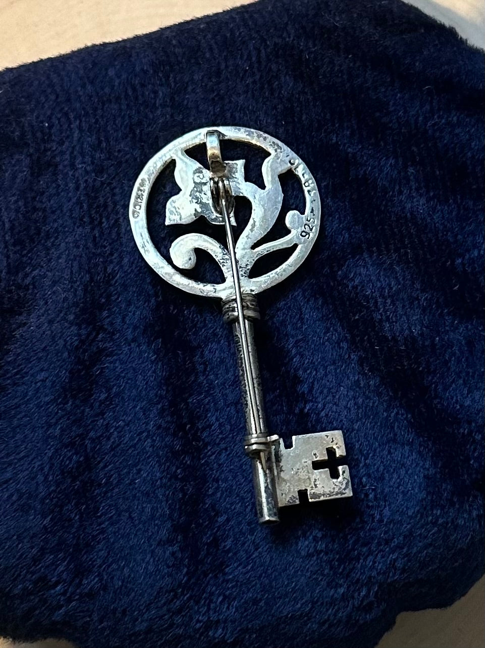 Vintage Signed Taxco TR-70 Sterling Silver Floral Motif Skeleton Key Brooch or Pendant