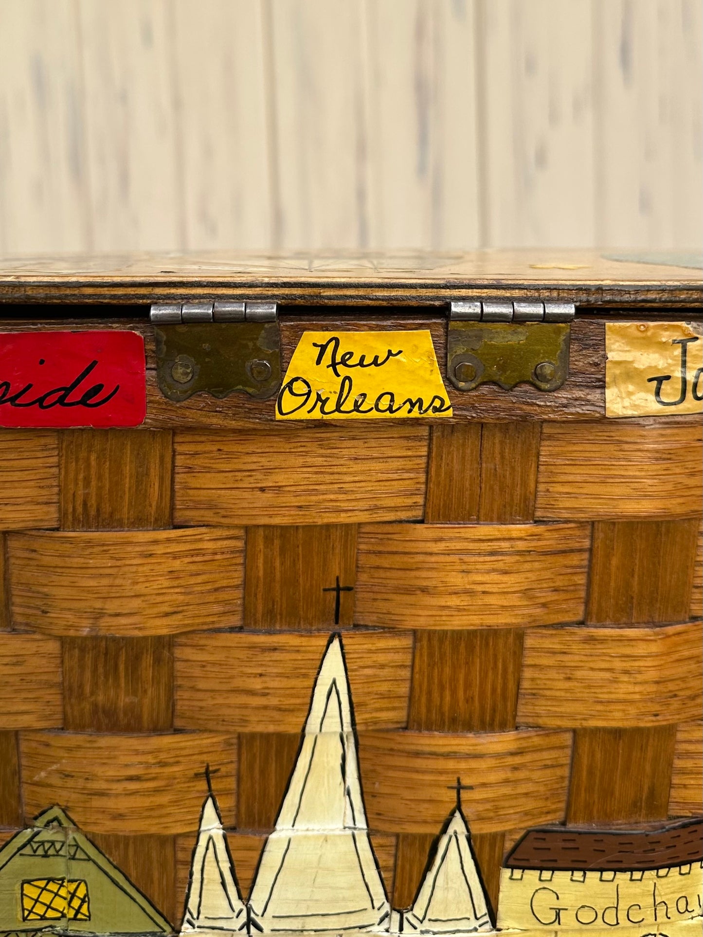 1960s New Orleans Hand Painted & Signed Katydid Wooden Picnic Basket Purse Specially for Godchaux