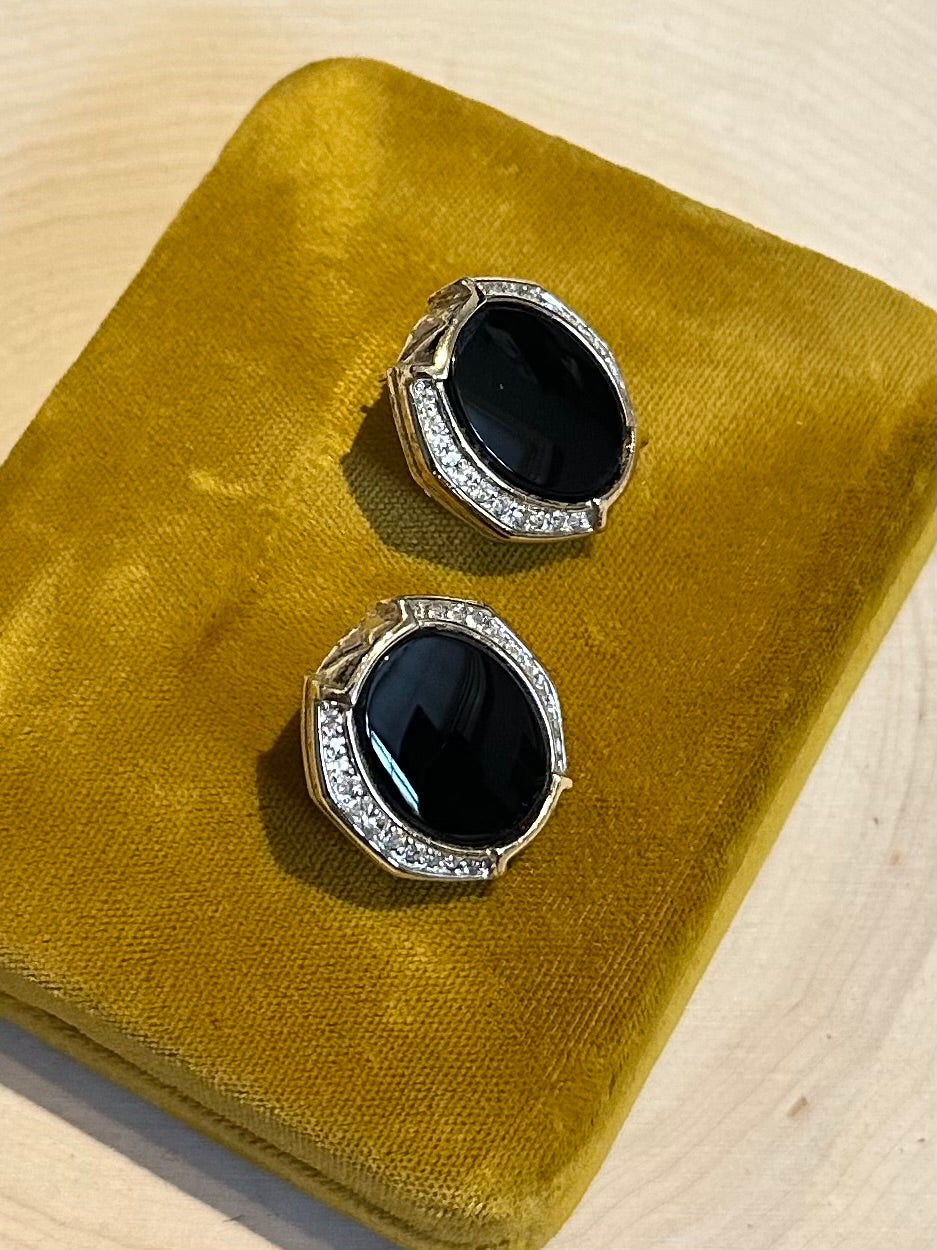 Vintage Signed Panetta Gold Tone Faux Black Onyx & Rhinestone Statement Earrings