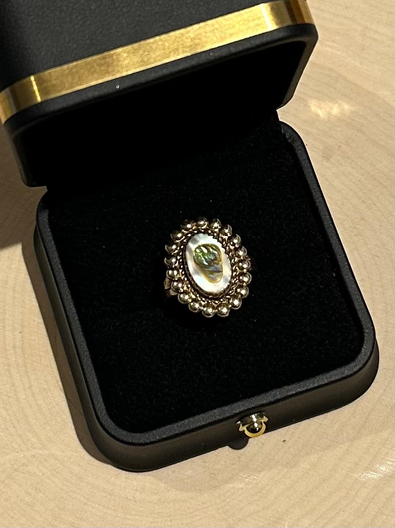 1970s Signed Bell Trading Post Sunbell 12k Gold Filled Abalone Ring US Size 6