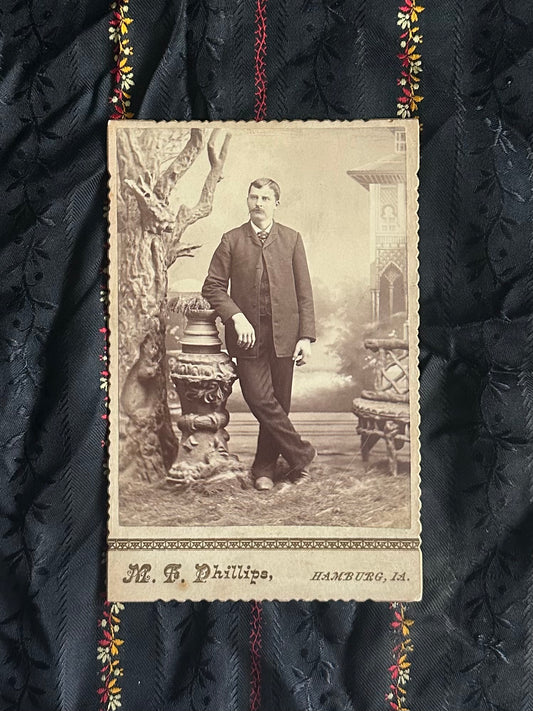 Antique Late 1800s Cabinet Card Crimped Edges Portrait of a Man with Mustache / Harry Sutherland
