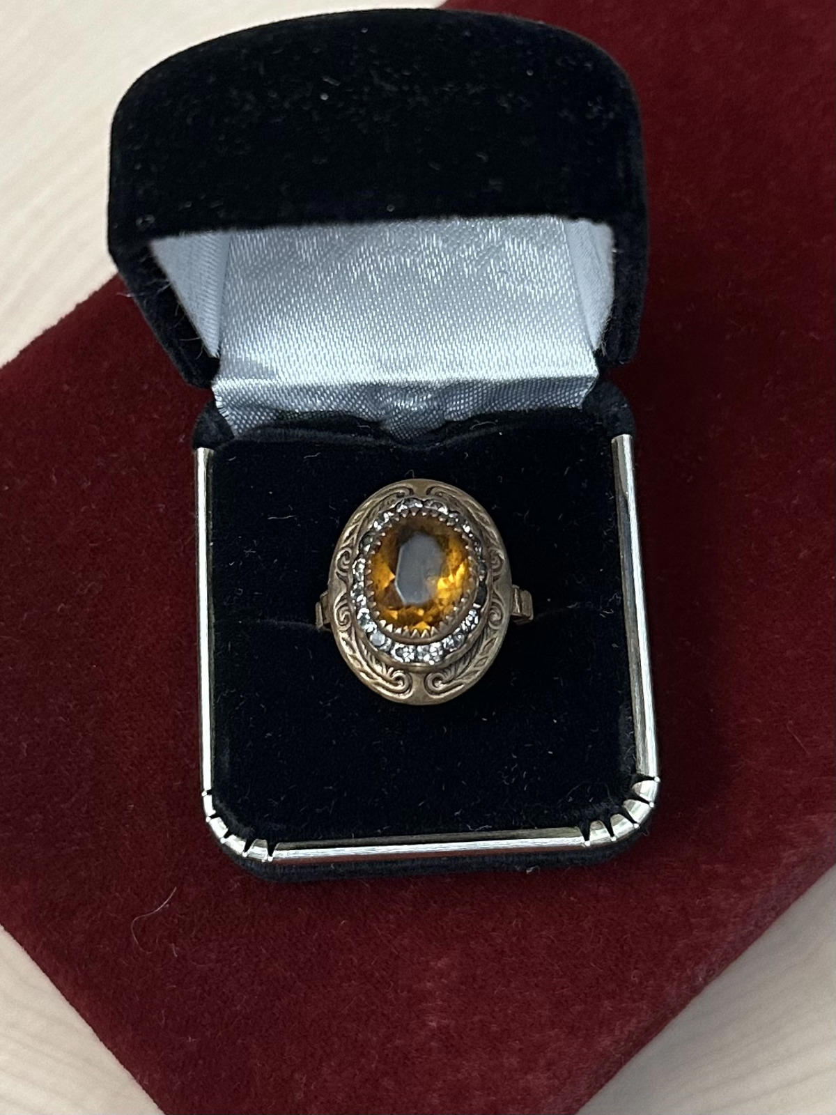Antique Edwardian Era Brass & Faceted Amber Glass Paste Rhinestone Halo Statement Ring US Size 5 3/4