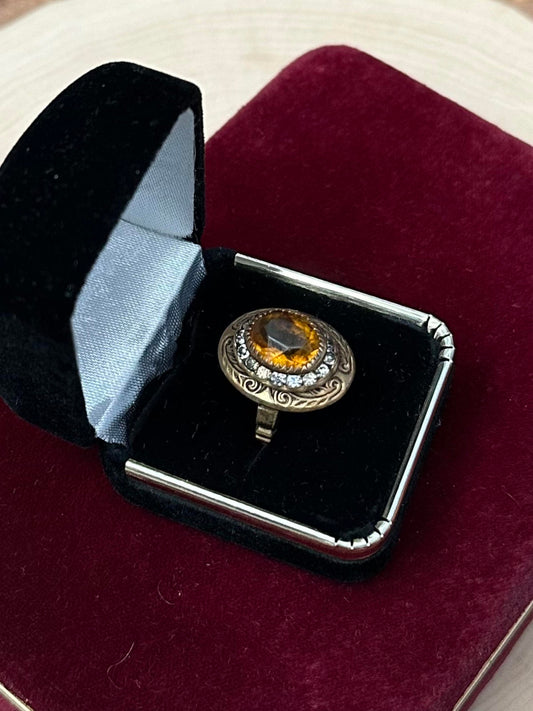 Antique Edwardian Era Brass & Faceted Amber Glass Paste Rhinestone Halo Statement Ring US Size 5 3/4