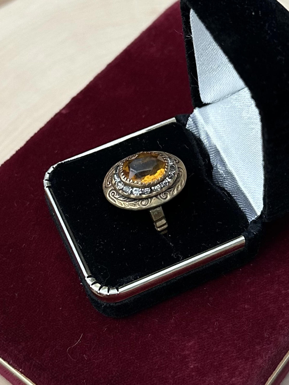 Antique Edwardian Era Brass & Faceted Amber Glass Paste Rhinestone Halo Statement Ring US Size 5 3/4