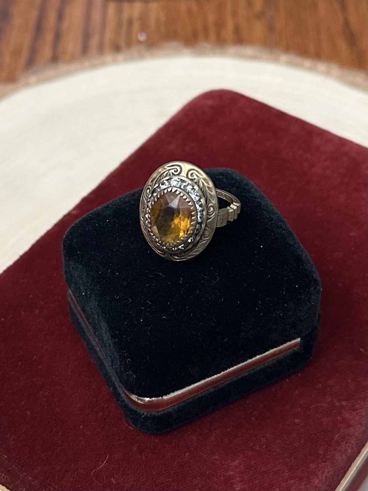 Antique Edwardian Era Brass & Faceted Amber Glass Paste Rhinestone Halo Statement Ring US Size 5 3/4