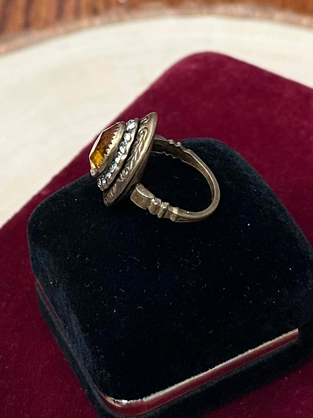 Antique Edwardian Era Brass & Faceted Amber Glass Paste Rhinestone Halo Statement Ring US Size 5 3/4