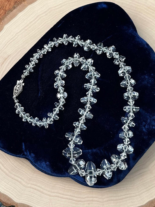 1930s Art Deco Faceted Clear Crystal Glass Graduated Beaded Necklace Sterling Silver Clasp 18"