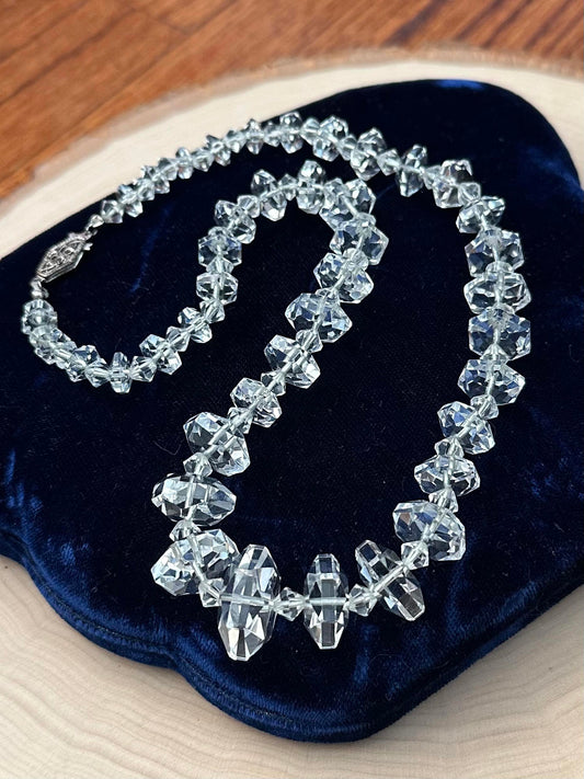 1930s Art Deco Faceted Clear Crystal Glass Graduated Beaded Necklace Sterling Silver Clasp 18"