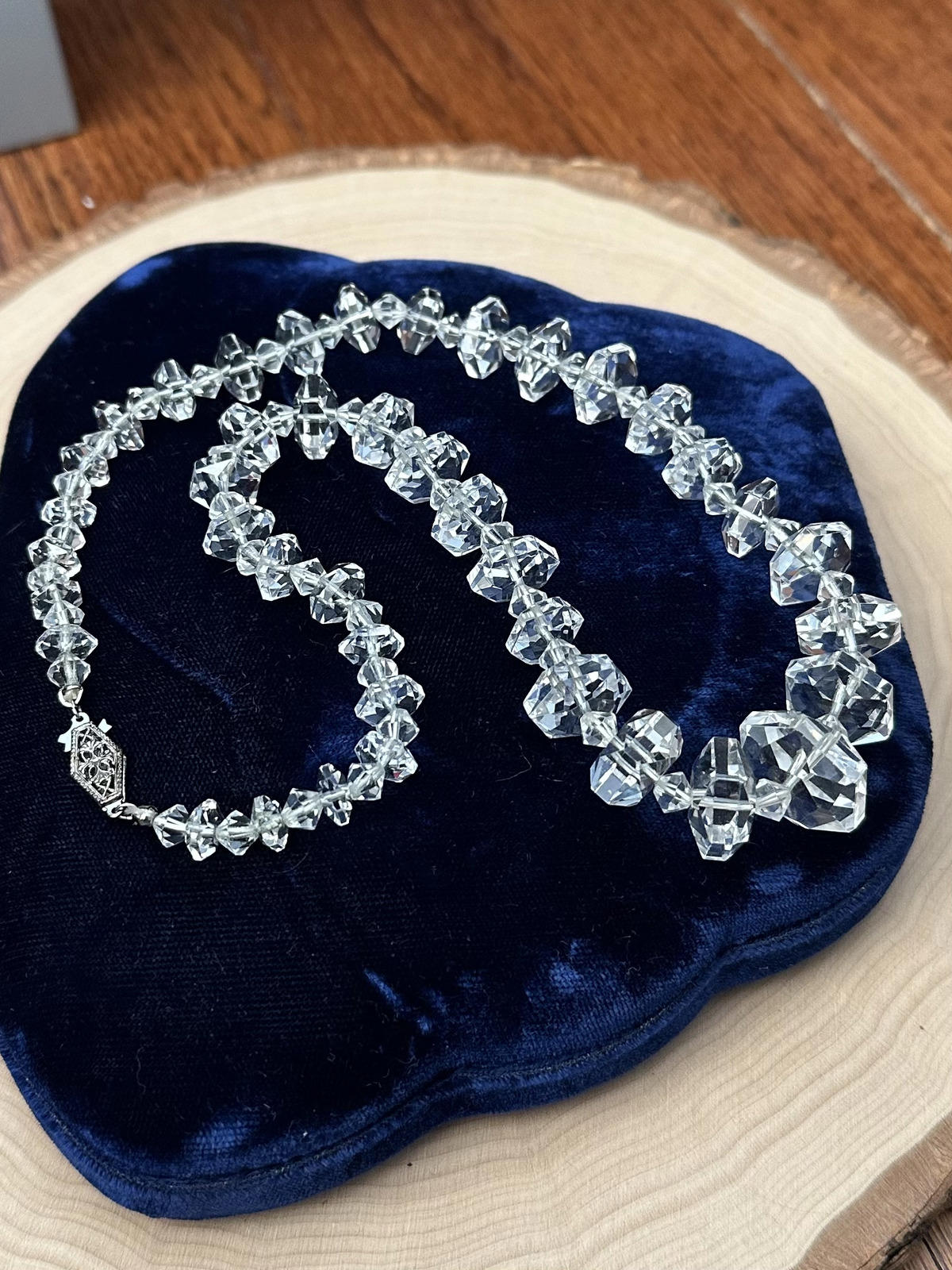 1930s Art Deco Faceted Clear Crystal Glass Graduated Beaded Necklace Sterling Silver Clasp 18"