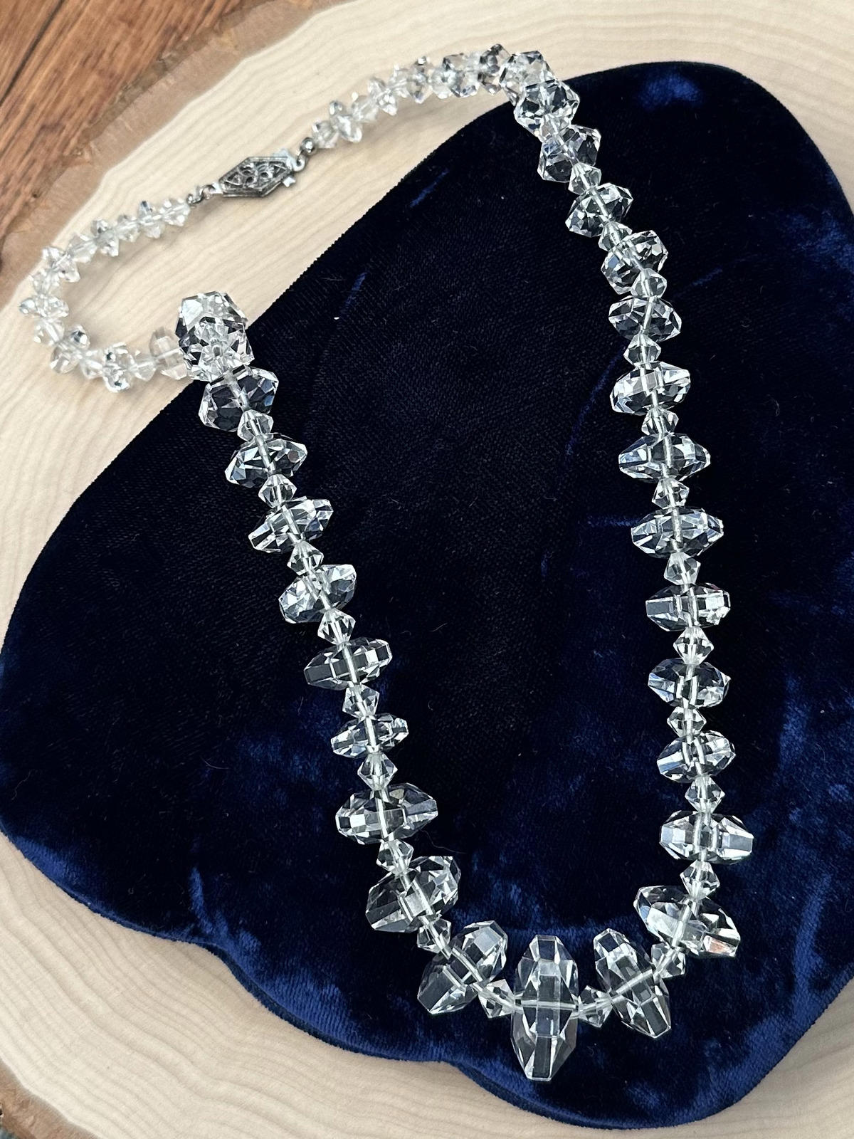 1930s Art Deco Faceted Clear Crystal Glass Graduated Beaded Necklace Sterling Silver Clasp 18"