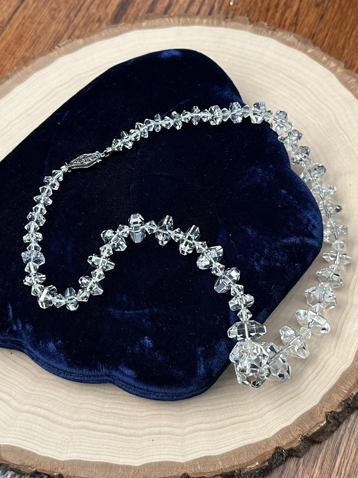 1930s Art Deco Faceted Clear Crystal Glass Graduated Beaded Necklace Sterling Silver Clasp 18"