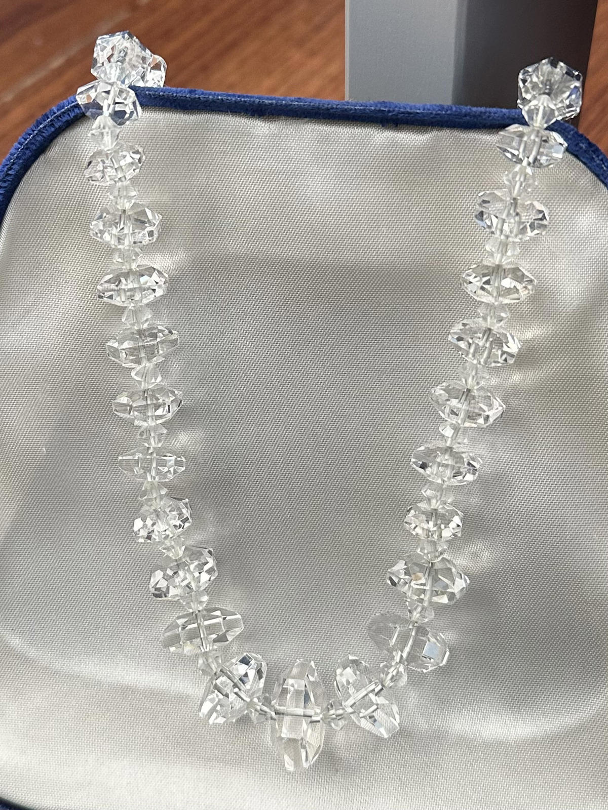 1930s Art Deco Faceted Clear Crystal Glass Graduated Beaded Necklace Sterling Silver Clasp 18"