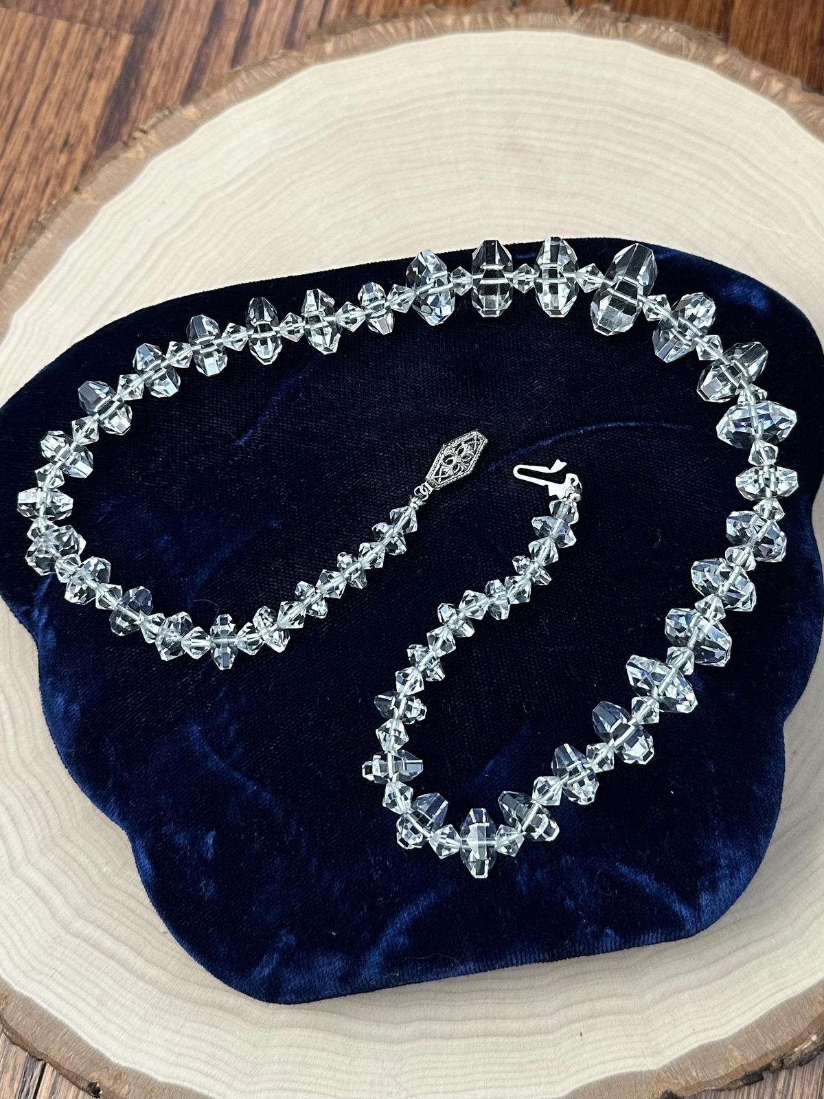 1930s Art Deco Faceted Clear Crystal Glass Graduated Beaded Necklace Sterling Silver Clasp 18"