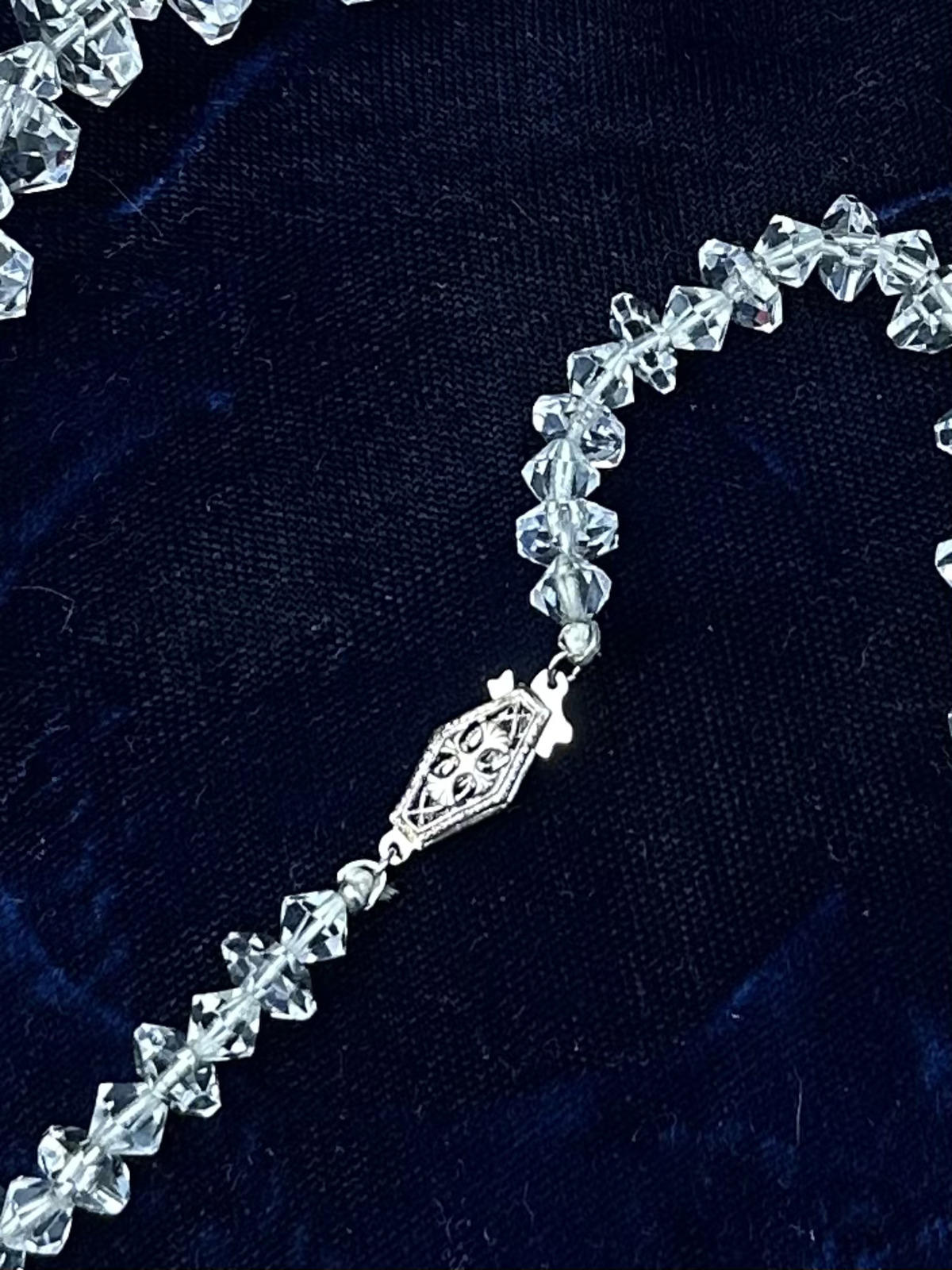 1930s Art Deco Faceted Clear Crystal Glass Graduated Beaded Necklace Sterling Silver Clasp 18"