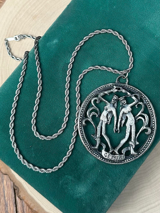 1970s Zodiac Gemini Twins Astrology Statement Pendant Necklace Silver Tone 24.5"