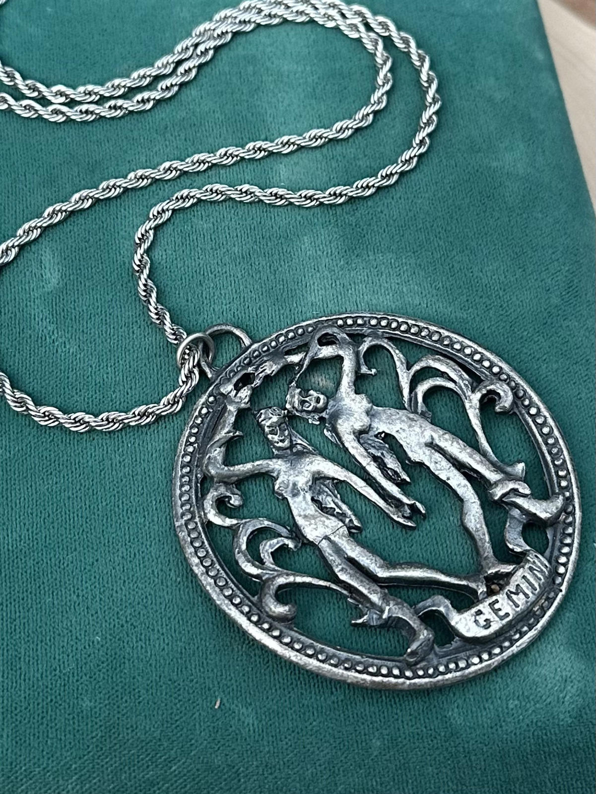 1970s Zodiac Gemini Twins Astrology Statement Pendant Necklace Silver Tone 24.5"