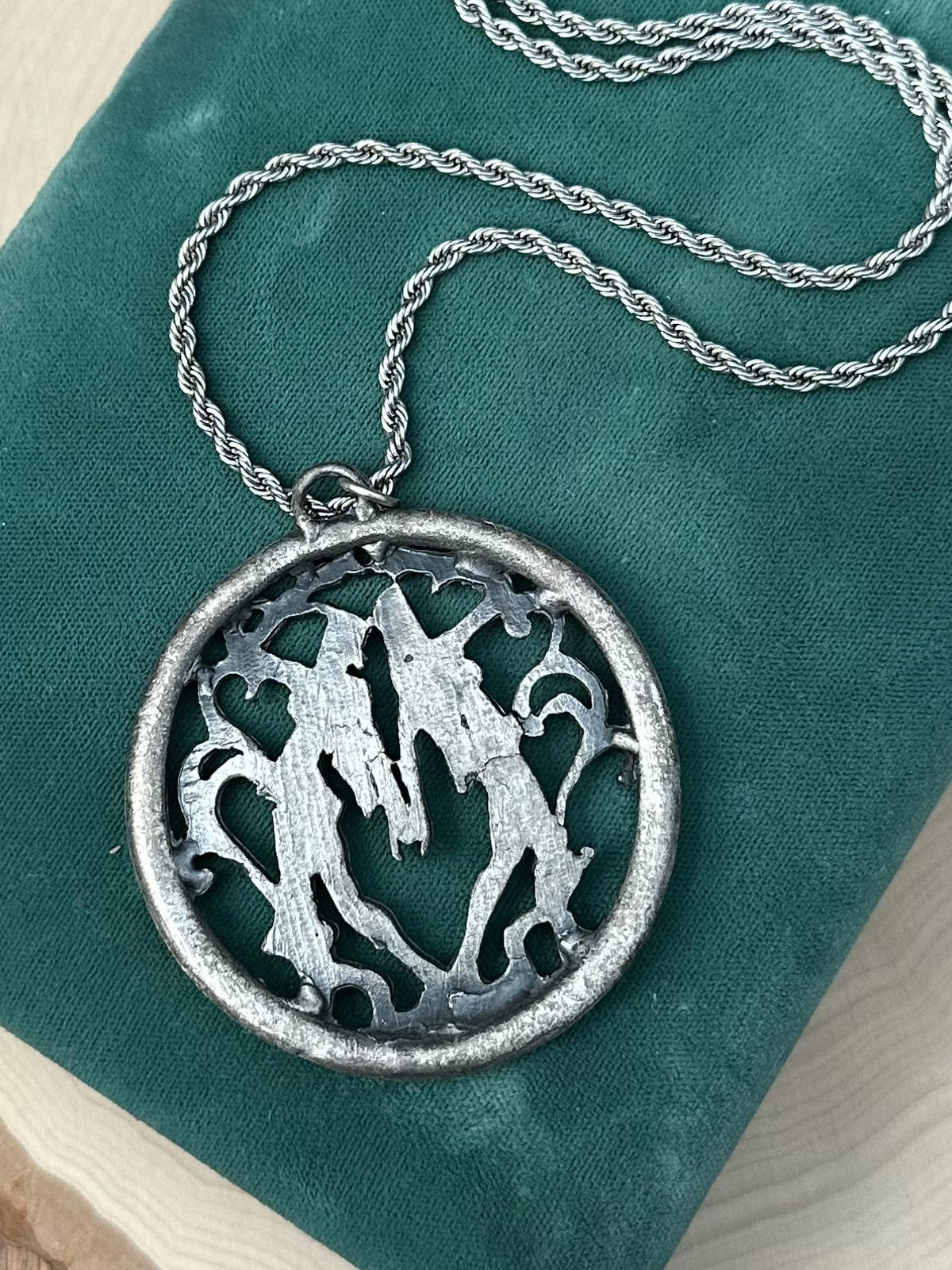 1970s Zodiac Gemini Twins Astrology Statement Pendant Necklace Silver Tone 24.5"