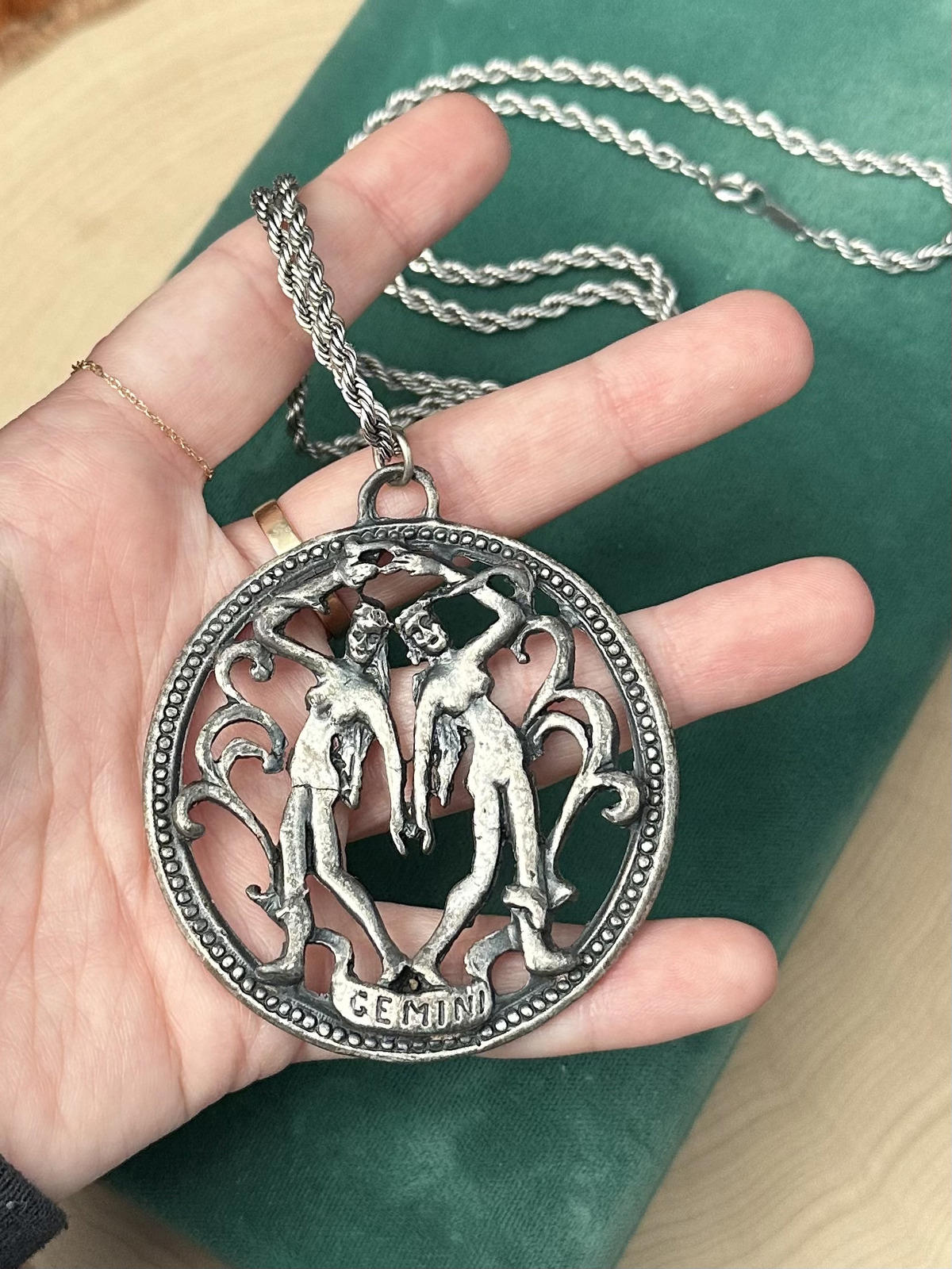 1970s Zodiac Gemini Twins Astrology Statement Pendant Necklace Silver Tone 24.5"
