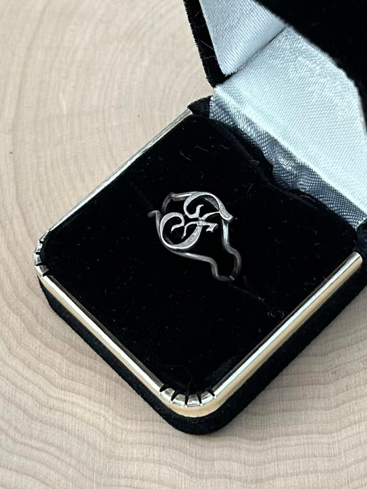 Vintage Signed BEAU Sterling Silver Calligraphy Initial F Monogram Adjustable Ring US Size 4