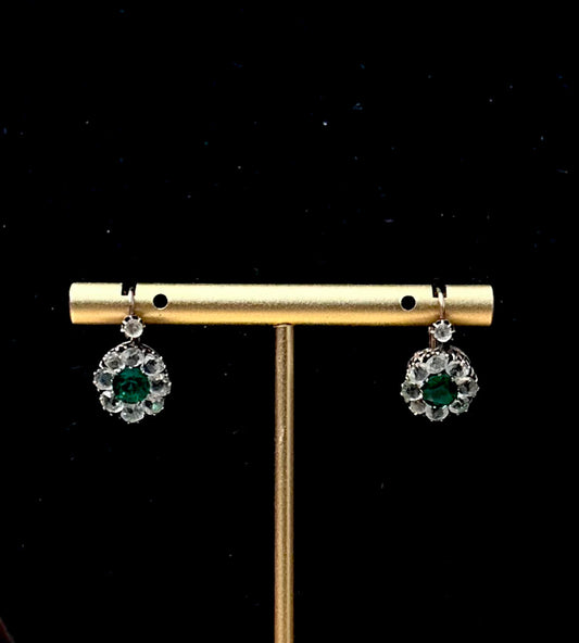 Antique Art Deco 9K Yellow Gold Emerald Green & Clear Rhinestone Paste Earrings