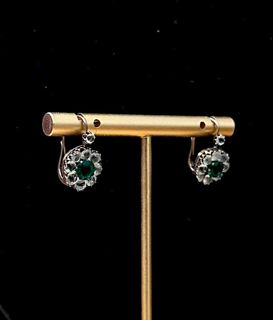 Antique Art Deco 9K Yellow Gold Emerald Green & Clear Rhinestone Paste Earrings