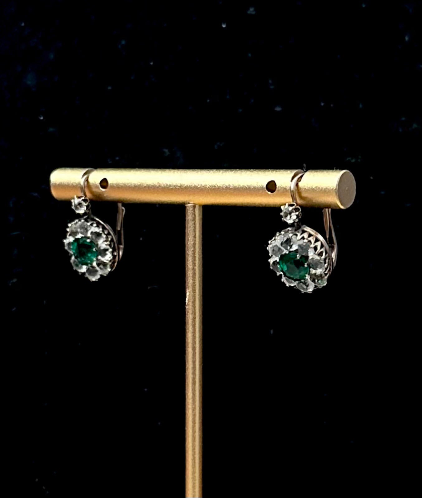 Antique Art Deco 9K Yellow Gold Emerald Green & Clear Rhinestone Paste Earrings