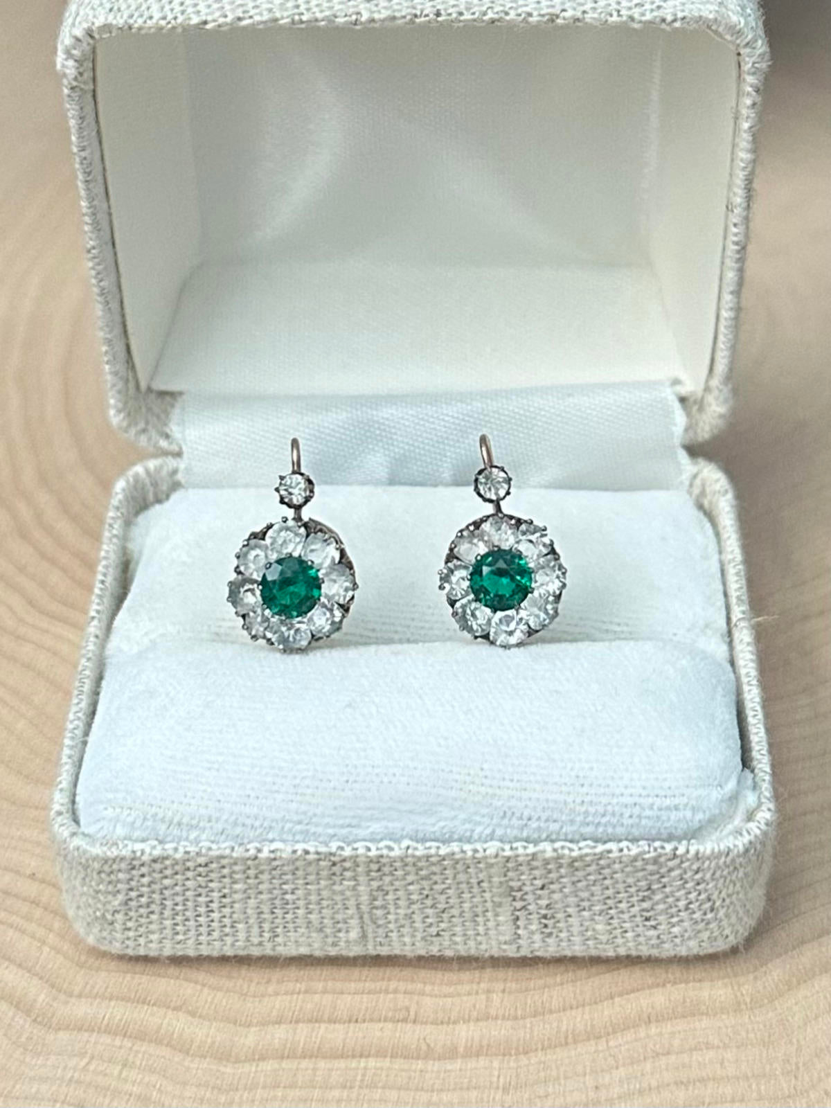 Antique Art Deco 9K Yellow Gold Emerald Green & Clear Rhinestone Paste Earrings