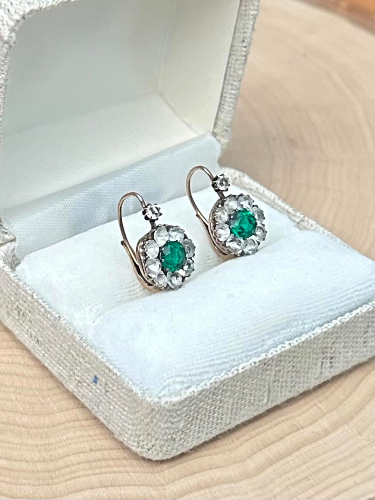 Antique Art Deco 9K Yellow Gold Emerald Green & Clear Rhinestone Paste Earrings