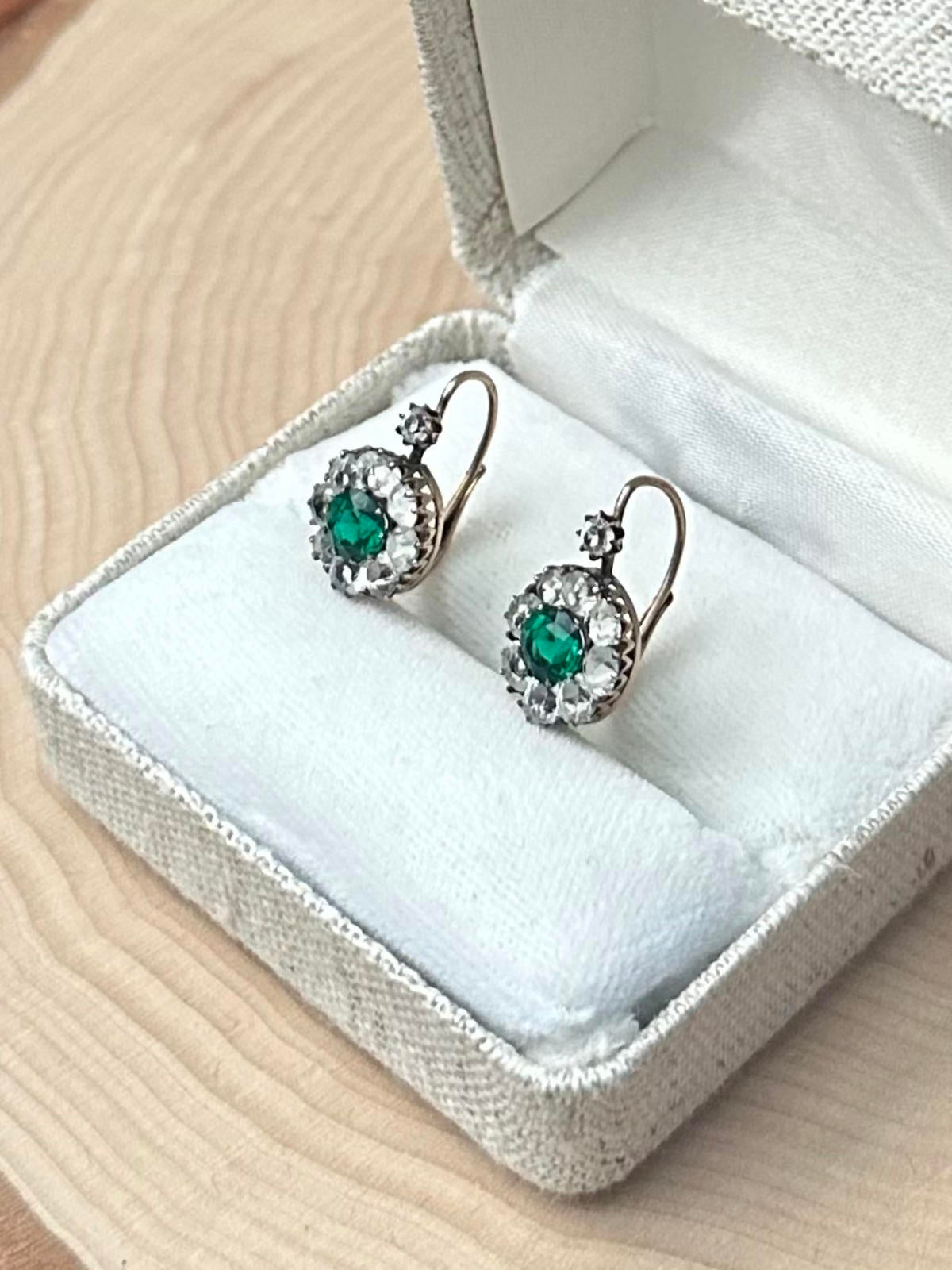 Antique Art Deco 9K Yellow Gold Emerald Green & Clear Rhinestone Paste Earrings