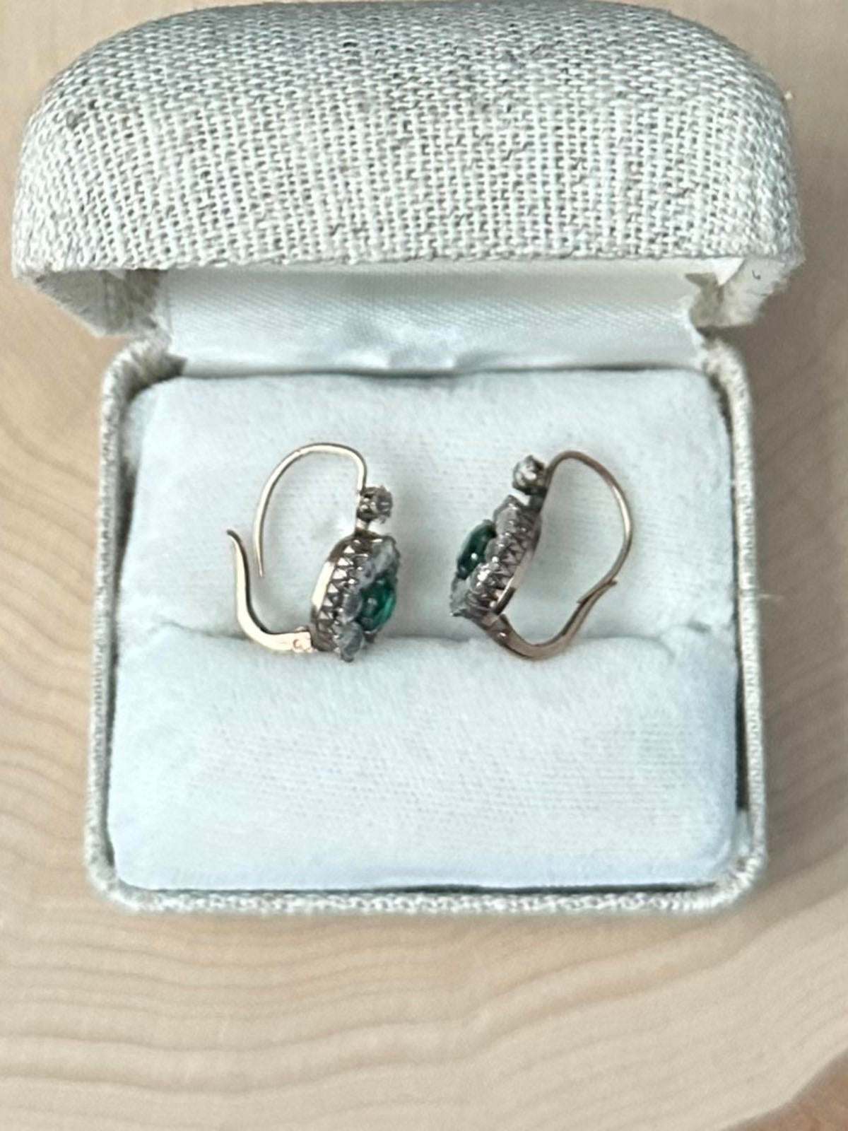 Antique Art Deco 9K Yellow Gold Emerald Green & Clear Rhinestone Paste Earrings