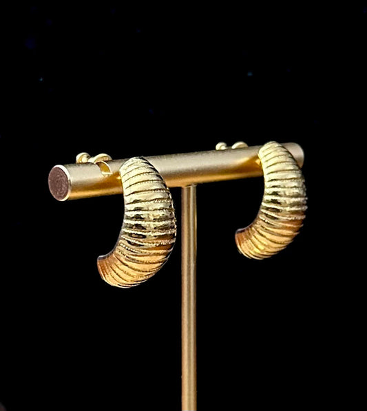 1980s Signed MONET Gold Tone Ribbed Half Hoop Pierced Post Earrings