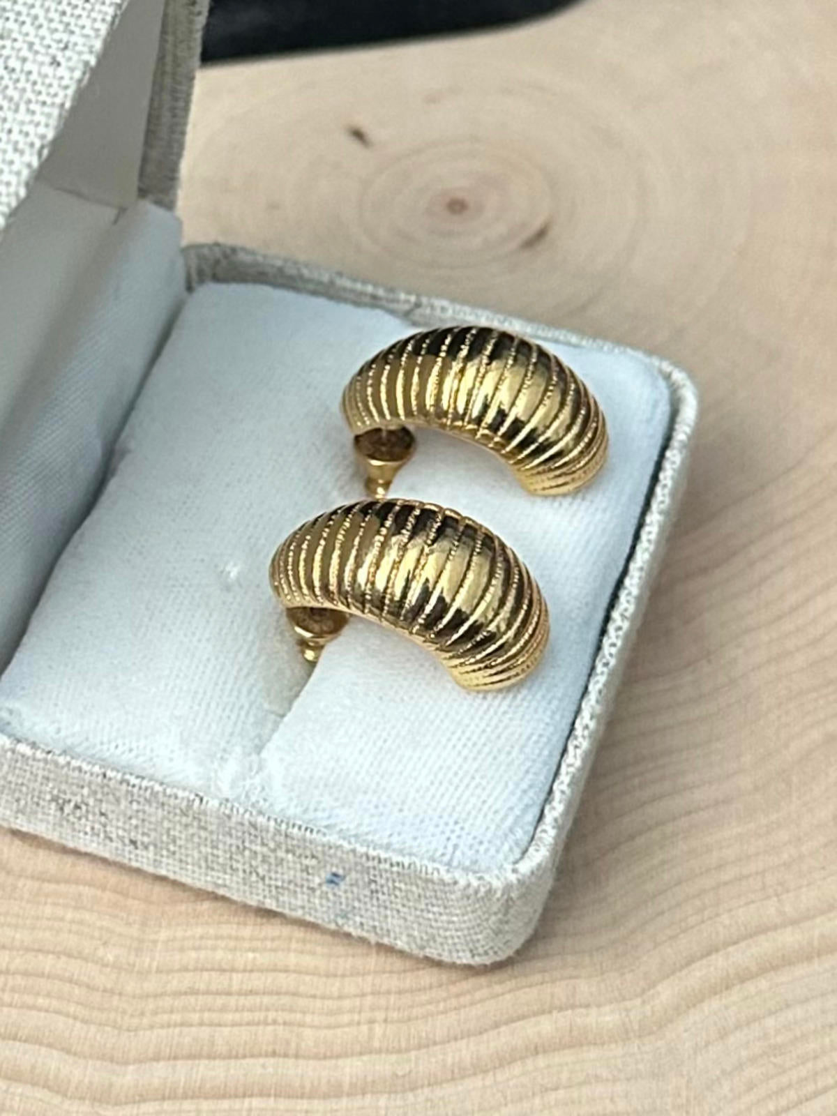 1980s Signed MONET Gold Tone Ribbed Half Hoop Pierced Post Earrings