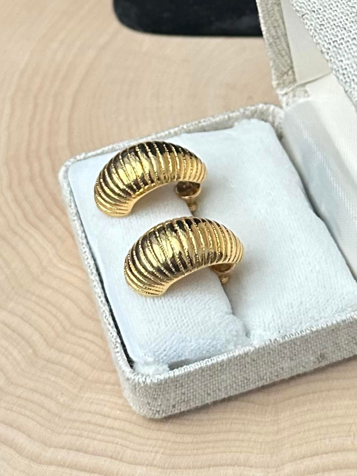 1980s Signed MONET Gold Tone Ribbed Half Hoop Pierced Post Earrings