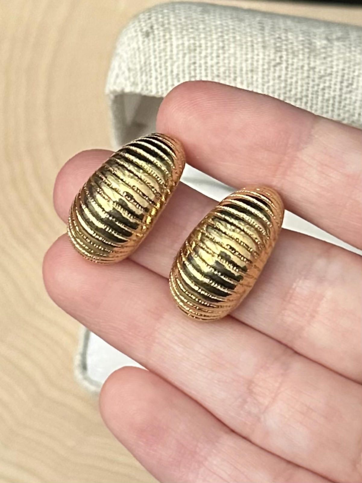 1980s Signed MONET Gold Tone Ribbed Half Hoop Pierced Post Earrings