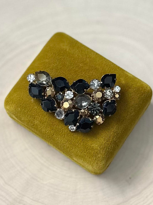 1950s Signed Austria Faceted Rhinestone Brooch Gold Tone & Black
