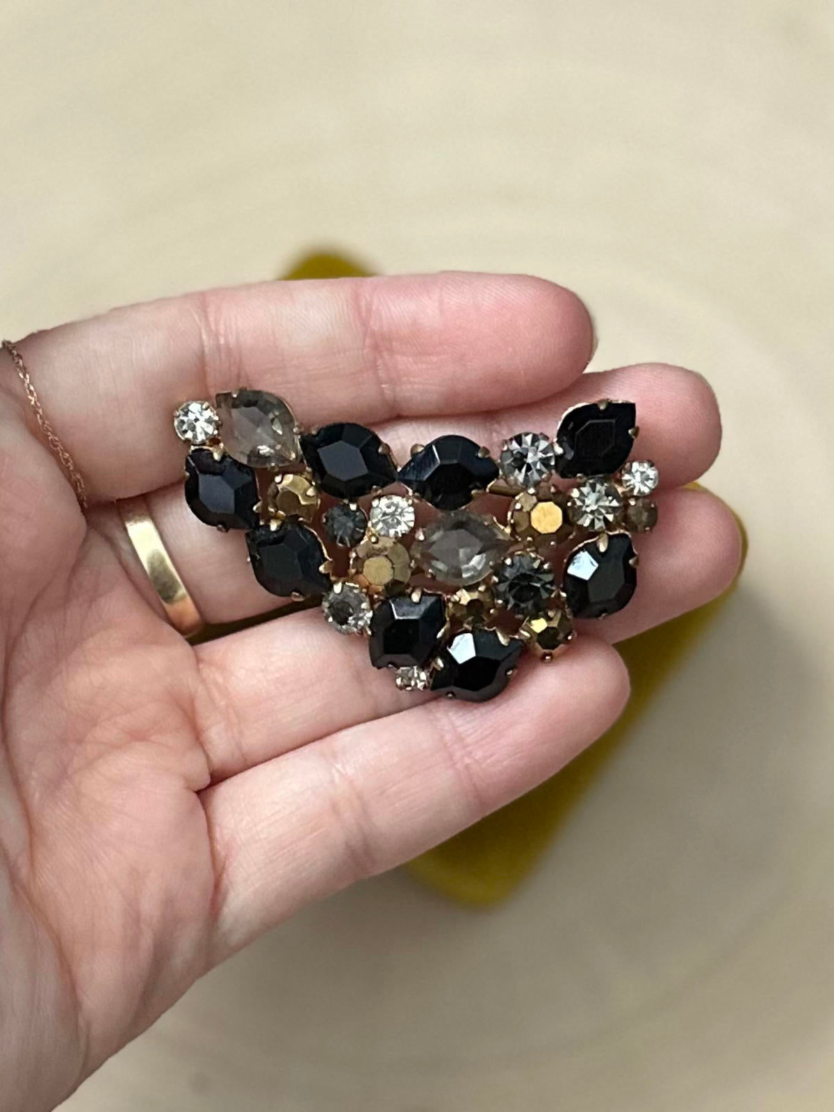 1950s Signed Austria Faceted Rhinestone Brooch Gold Tone & Black