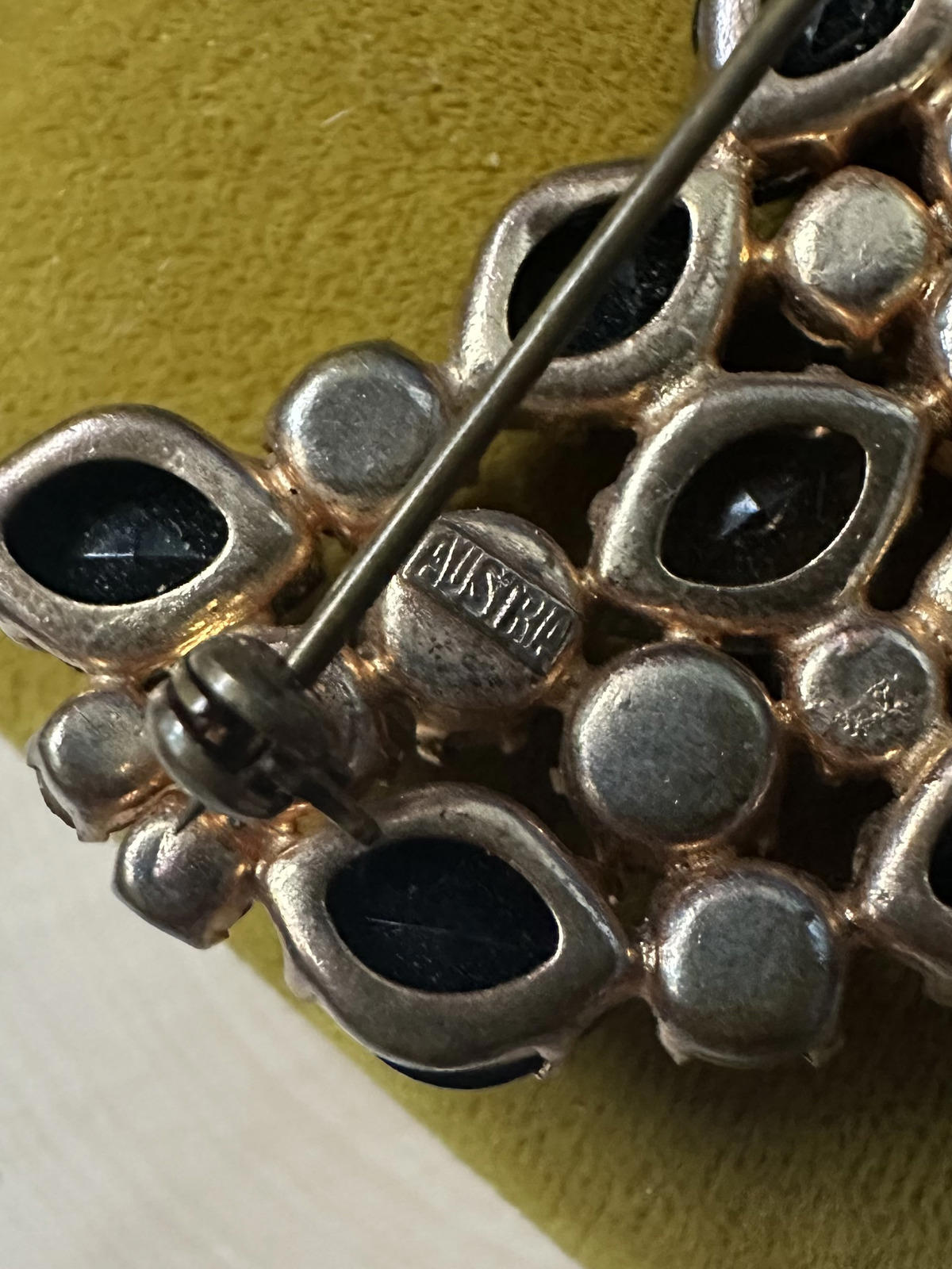 1950s Signed Austria Faceted Rhinestone Brooch Gold Tone & Black