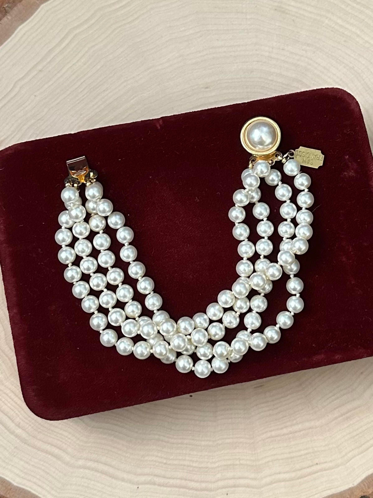 1990s Signed Jest Jewels San Francisco Four Strand Faux Pearl Bracelet