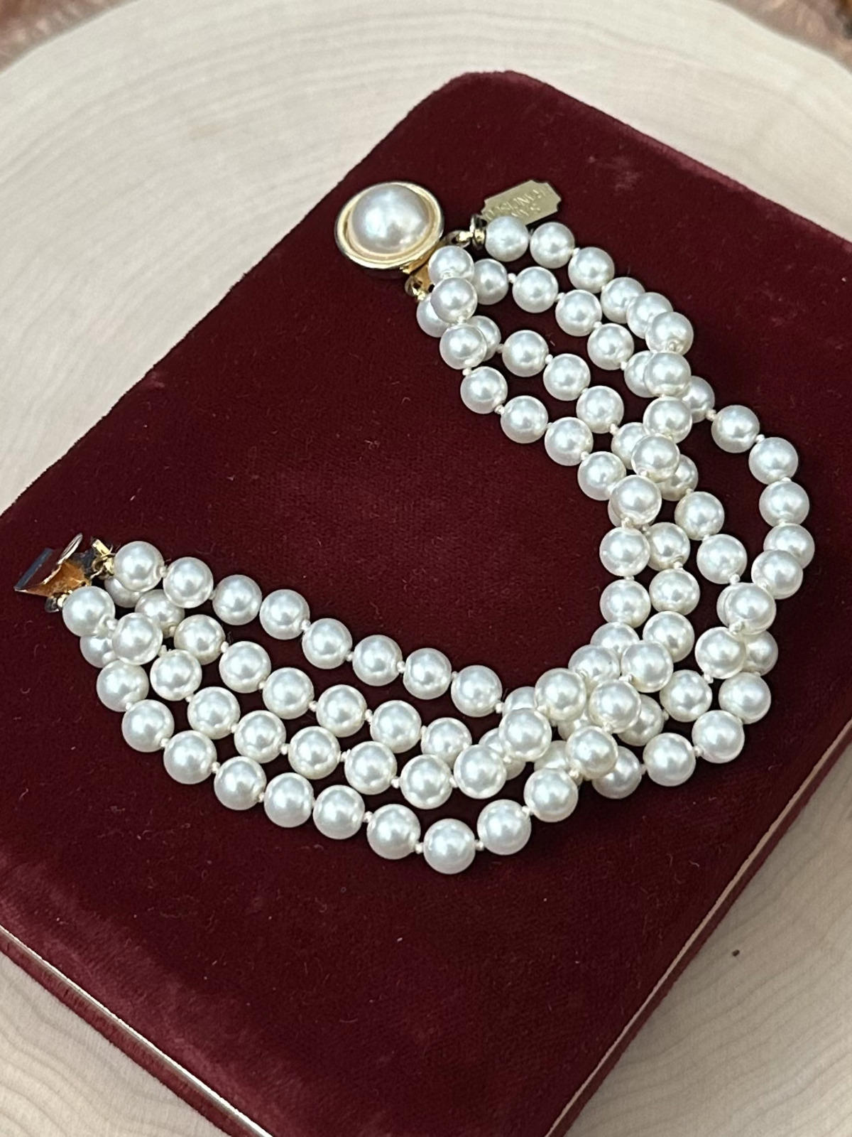 1990s Signed Jest Jewels San Francisco Four Strand Faux Pearl Bracelet