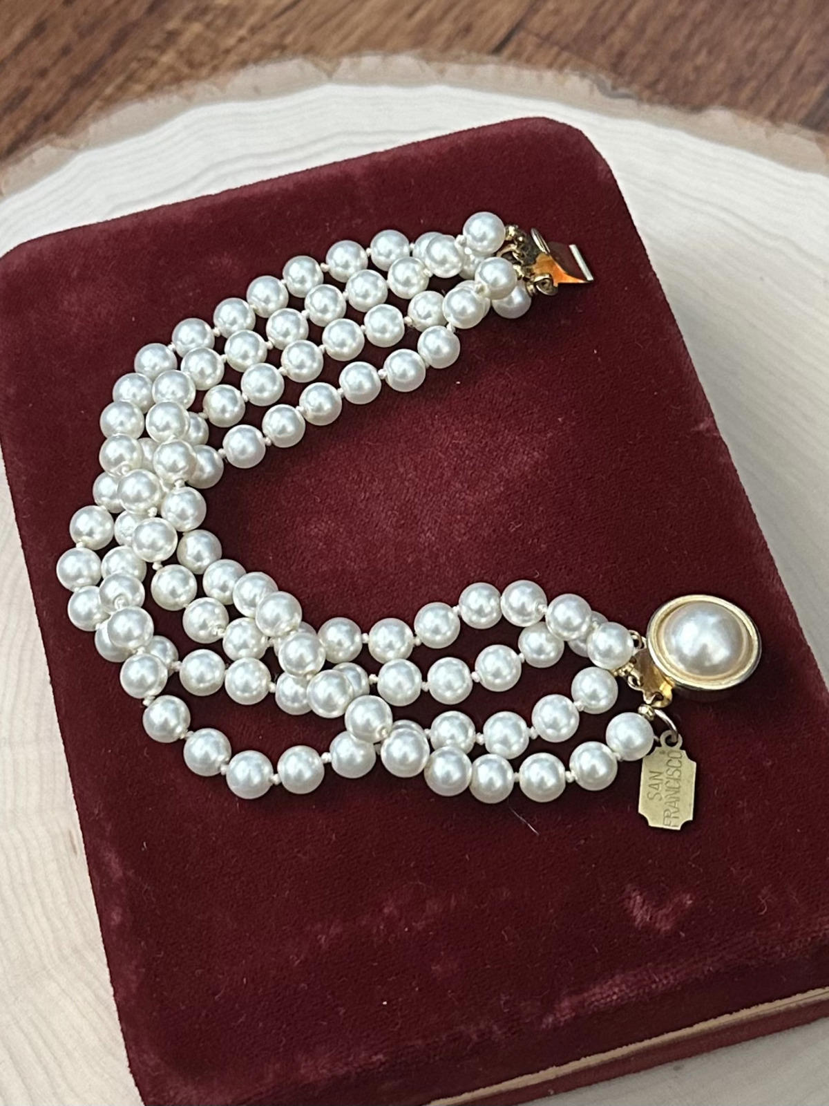 1990s Signed Jest Jewels San Francisco Four Strand Faux Pearl Bracelet