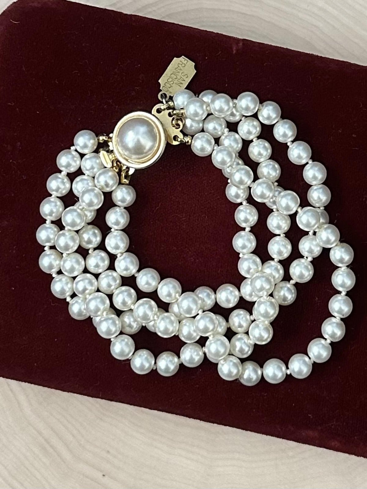 1990s Signed Jest Jewels San Francisco Four Strand Faux Pearl Bracelet