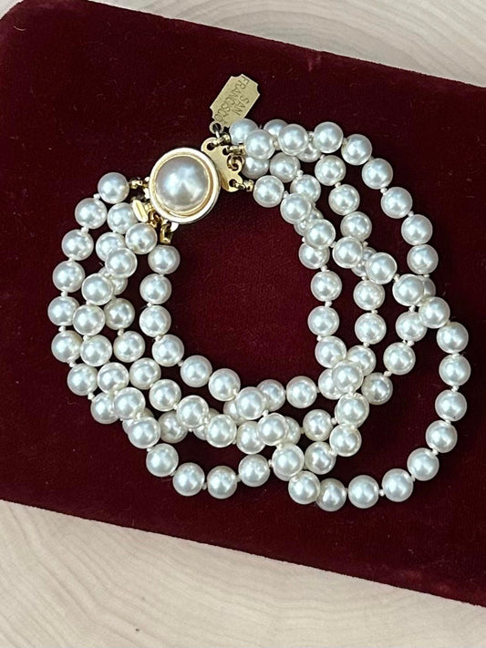 1990s Signed Jest Jewels San Francisco Four Strand Faux Pearl Bracelet