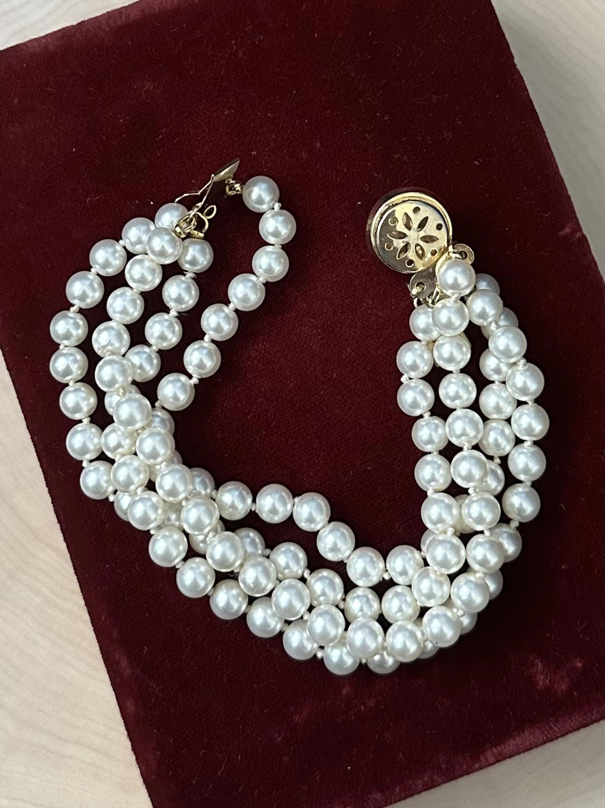 1990s Signed Jest Jewels San Francisco Four Strand Faux Pearl Bracelet