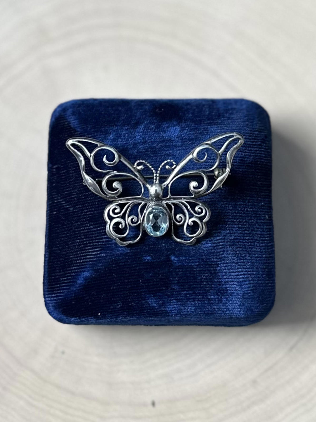 1990s Signed MWS Mark Wasserman Samara Sterling Silver Blue Glass Butterfly Brooch