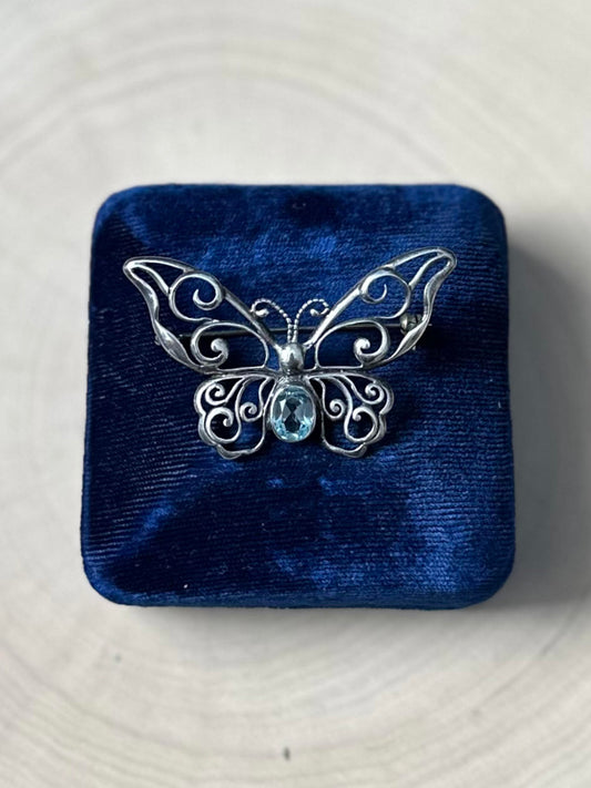 1990s Signed MWS Mark Wasserman Samara Sterling Silver Blue Glass Butterfly Brooch