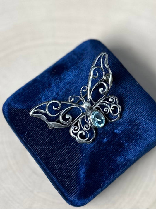 1990s Signed MWS Mark Wasserman Samara Sterling Silver Blue Glass Butterfly Brooch