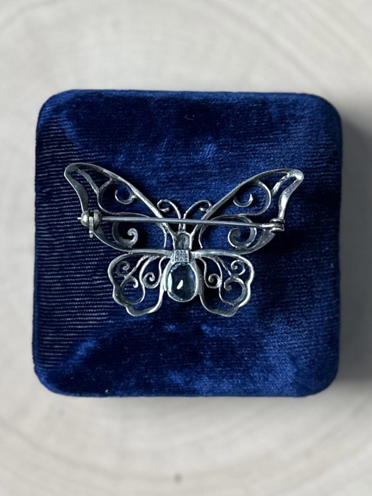 1990s Signed MWS Mark Wasserman Samara Sterling Silver Blue Glass Butterfly Brooch