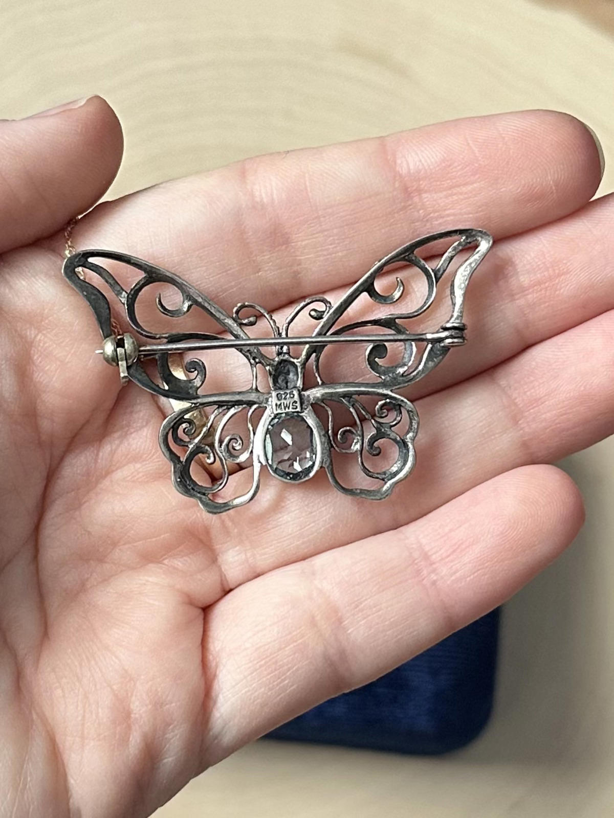 1990s Signed MWS Mark Wasserman Samara Sterling Silver Blue Glass Butterfly Brooch