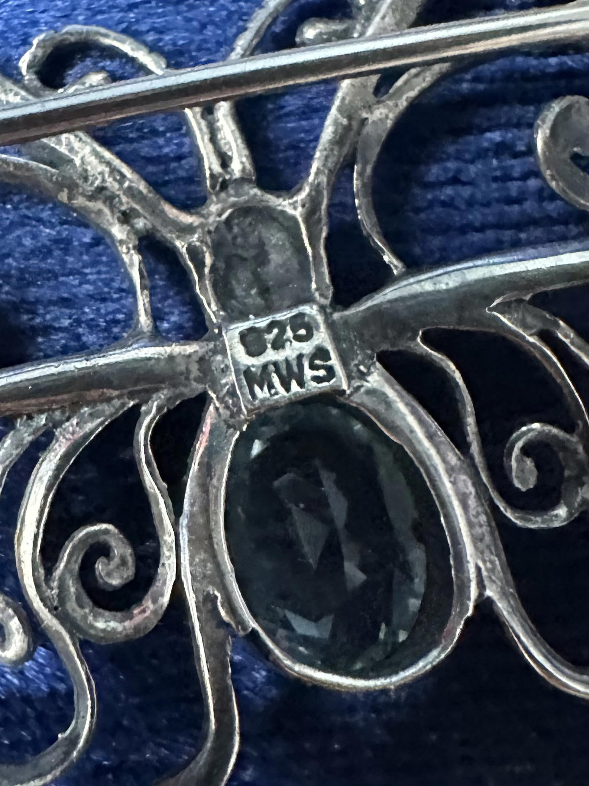 1990s Signed MWS Mark Wasserman Samara Sterling Silver Blue Glass Butterfly Brooch