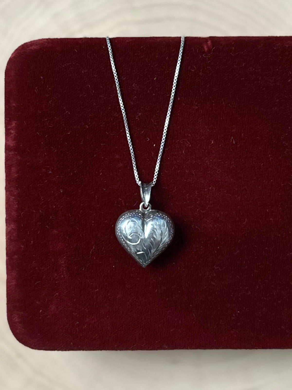 Vintage Sterling Silver Hand Engraved Puffy Heart Pendant Necklace 18"